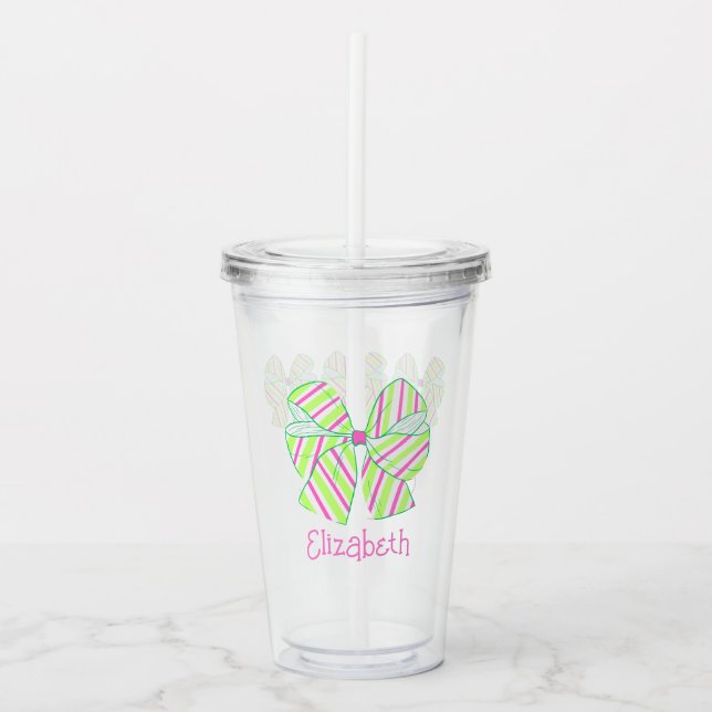 Verre En Acrylique Préppy rose et vert rayé vaches personnalisées (Devant)