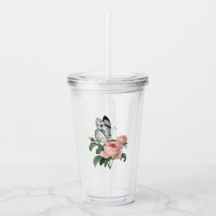 Verre En Acrylique Roses roses et papillon roses