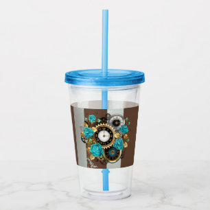 Verre En Acrylique Steampunk Clock and Turquoise Roses on Striped