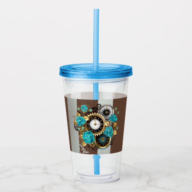 Verre En Acrylique Steampunk Clock and Turquoise Roses on Striped (Devant)