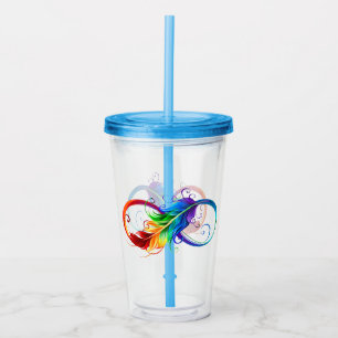 Verre En Acrylique Symbole d'infini avec plume arc-en-ciel