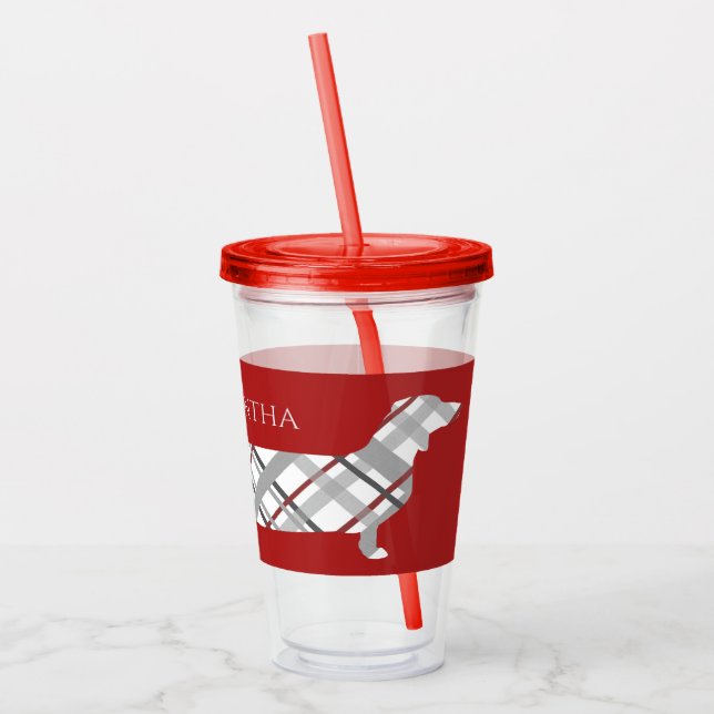 Verre En Acrylique Teckel de plaid sur le rouge (Gauche)