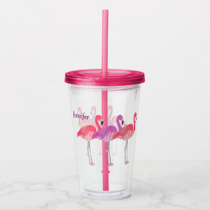 Verre En Acrylique Trois Flamants roses colorés personnalisés