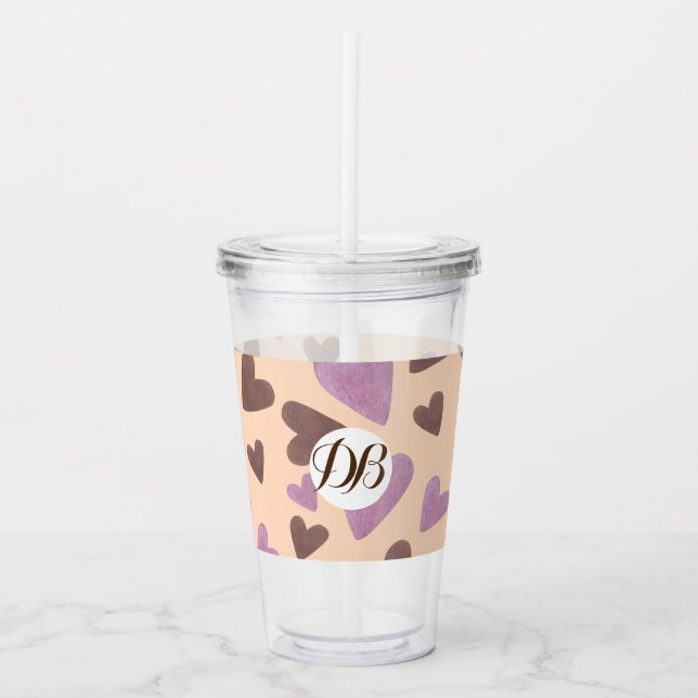 Verre En Acrylique Valentines Jour Aquarelle Coeurs Monogramme (Devant)