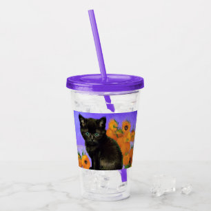 Verre En Acrylique Van Gogh Kitten noir avec des tournesols