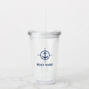Verre En Acrylique Votre nom de bateau Bleu Ancre Compass
