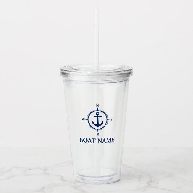 Verre En Acrylique Votre nom de bateau Bleu Ancre Compass (Devant)