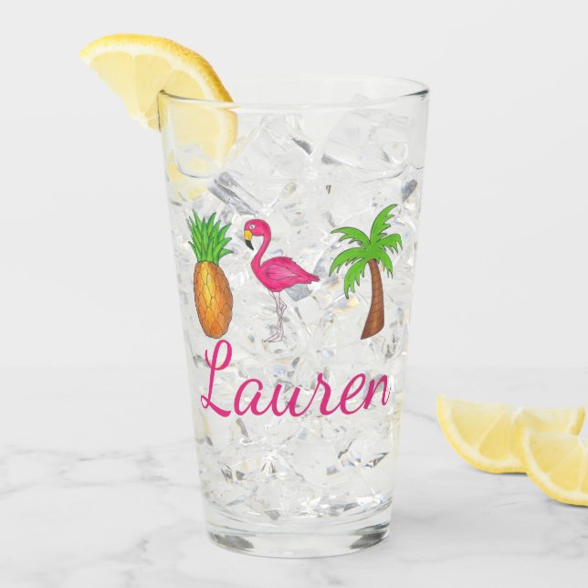 Verre Flamant rose rose ananas Tropical Palm Tree (Devant glace)