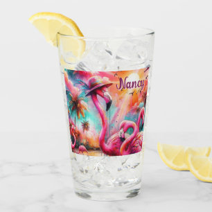 Verre Flamants roses roses tropicaux Palmiers Personnali