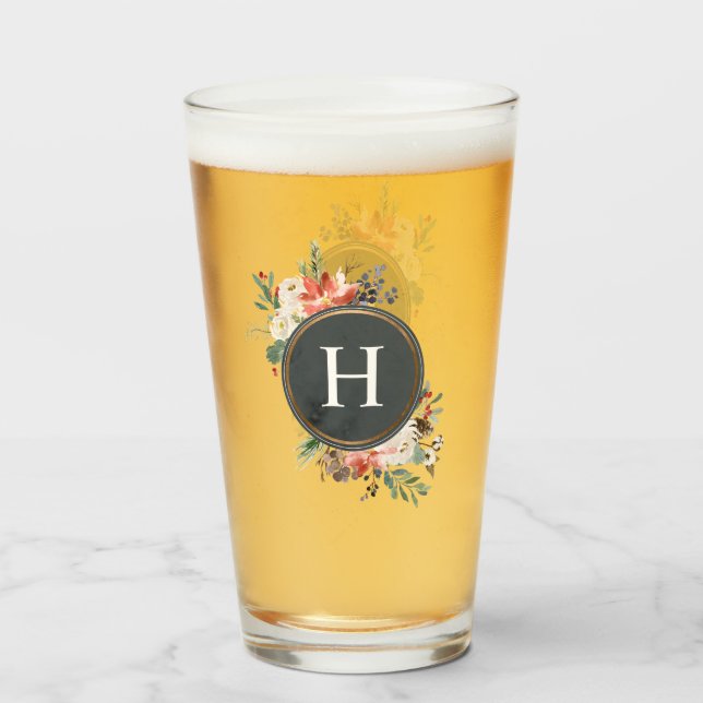 Verre Fleur d'aquarelle Berry Floral Monogramme Noël (Devant (rempli))