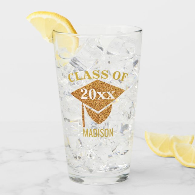 Verre Graduation Gold Mortarboard Tassel Fun Réunion (Devant glace)