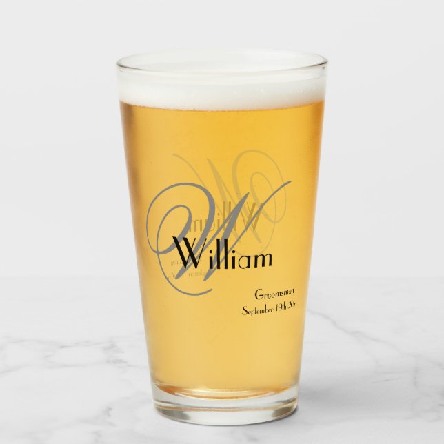 Verre Groomsman Cadeau Élégant Monogramme Nom Date Bière (Dos (rempli))