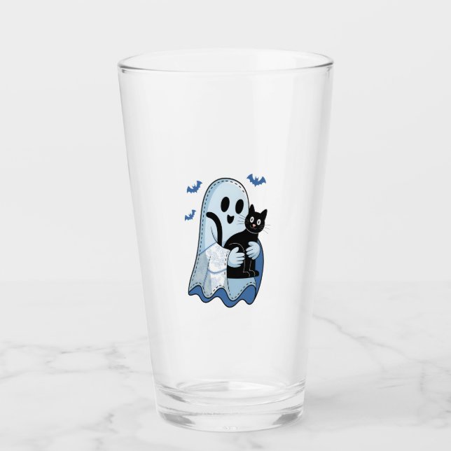 Verre Halloween bleu Denim Ghost et chat (Devant)