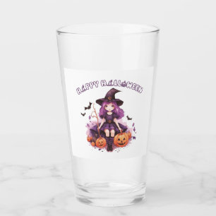 Verre Happy Halloween violet sorcière Citrouilles et cha