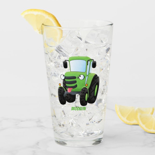 Verre Illustration du joli joyeux tracteur agricole vert (Devant glace)
