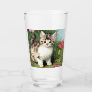 Verre Illustration vintage de chat avec Fleurs rouges