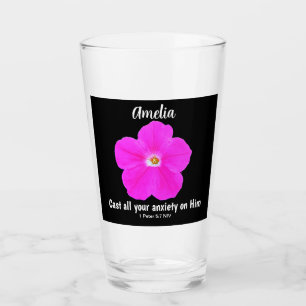 Verre Jolie fleur rose chaud et noir avec verset bibliqu