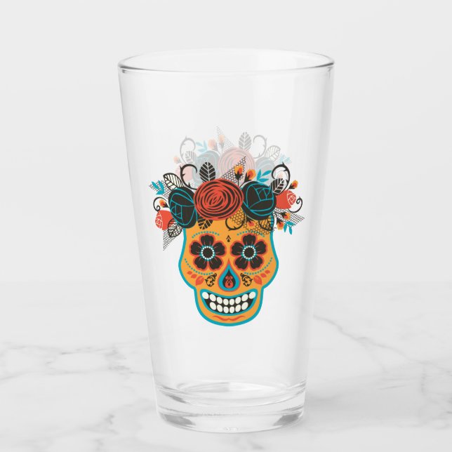 Verre Jour du crâne de sucre mort avec Rose (Devant)