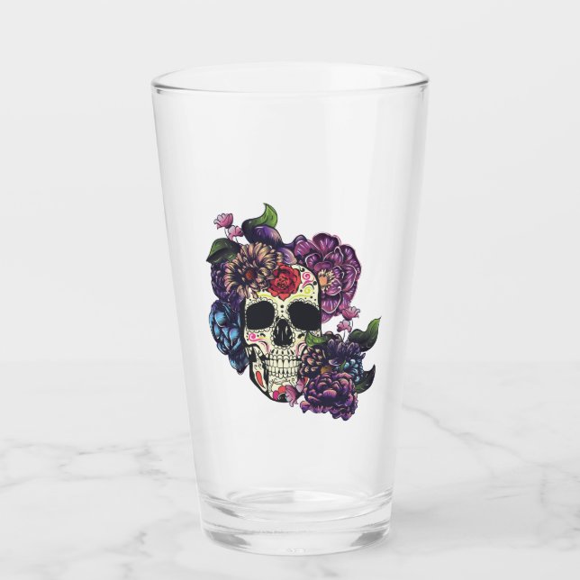 Verre Jour du crâne mort avec des fleurs (Devant)