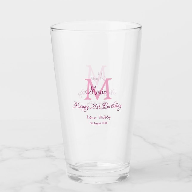 Verre Joyeux 21e Anniversaire rose ajouter nom monogramm (Devant)