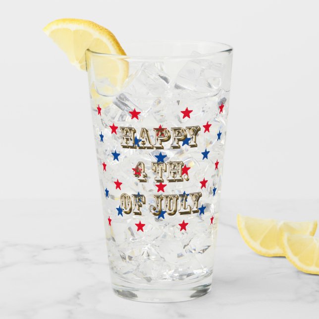 Verre Joyeux 4 juillet, or, rouge blanc bleu étoiles (Devant glace)