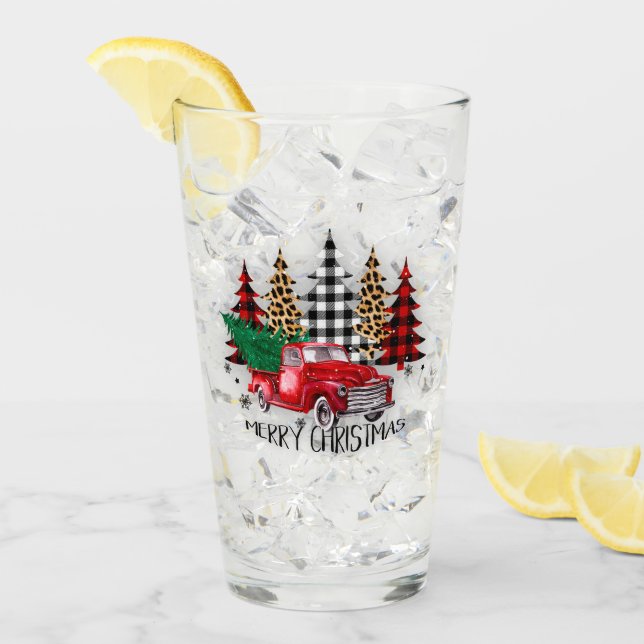 Verre Joyeux camion de Noël et arbres (Devant glace)