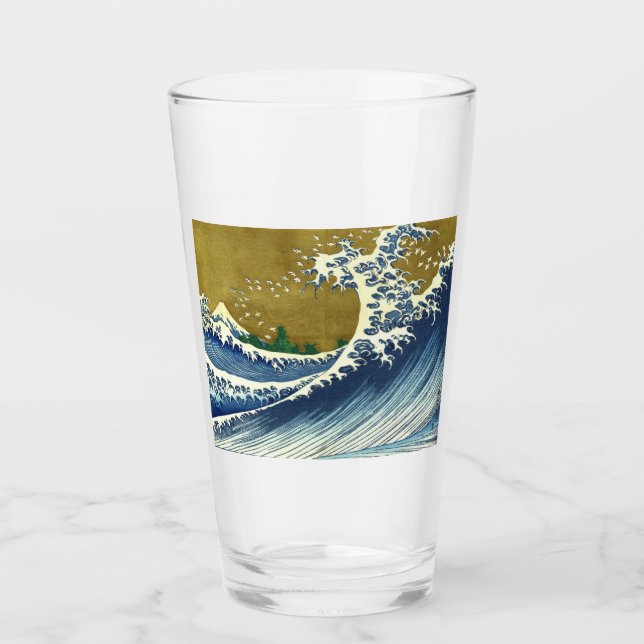 Verre La Grande Vague (Art Japonais Bleu et Or, Hokusai) (Devant)