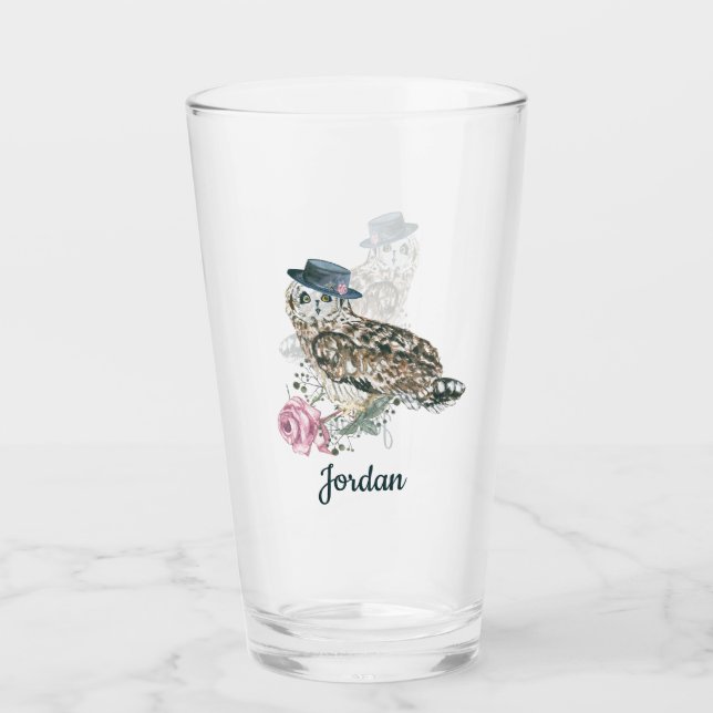Verre Le hibou d'aquarelle | ajoutent votre nom (Devant)