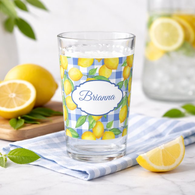Verre Lemons & Blue Gingham Personalized Glass (Créateur téléchargé)