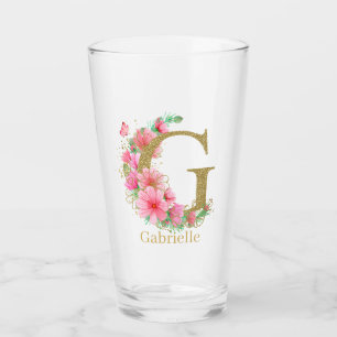 Verre Lettre G monogramme floral et or aquarelle