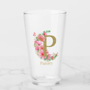 Verre Lettre P Monogramme Floral et Or Aquarelle