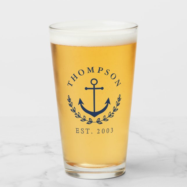 Verre Marine Blue Ancre & Wreath Nom et année nautique E (Devant (rempli))