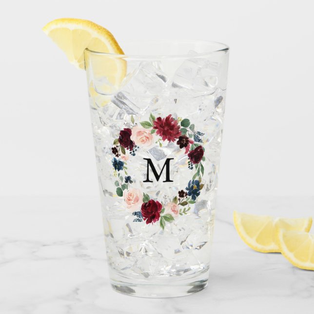 Verre Monogramme de couronne florale rose et bordeaux (Devant glace)