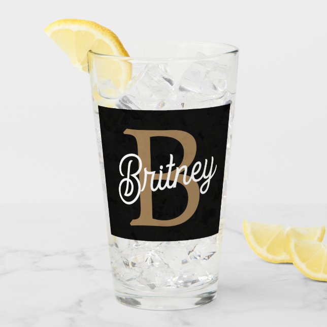 Verre Monogramme moderne élégant Nom Black Gold Script (Devant glace)