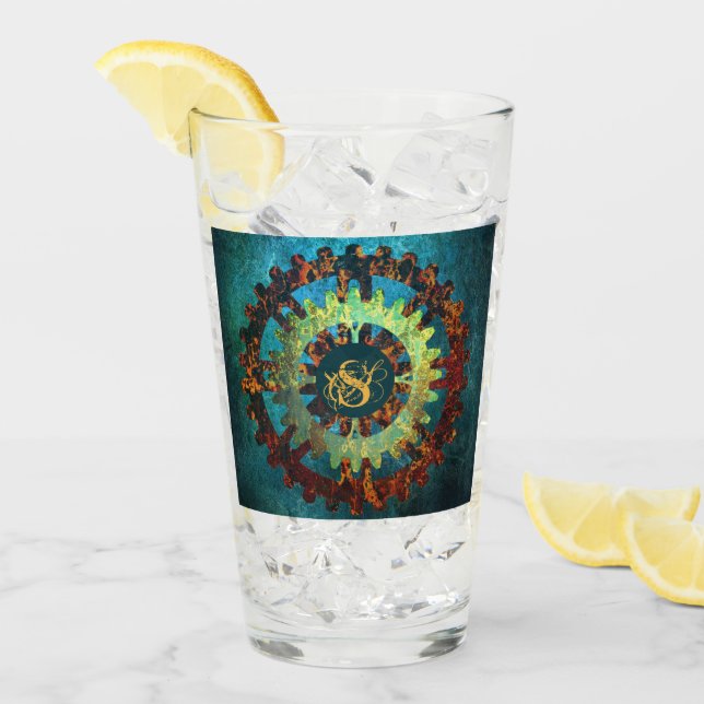 Verre Monogramme Steampunk Verdigris Rusty Cogwheel (Devant glace)