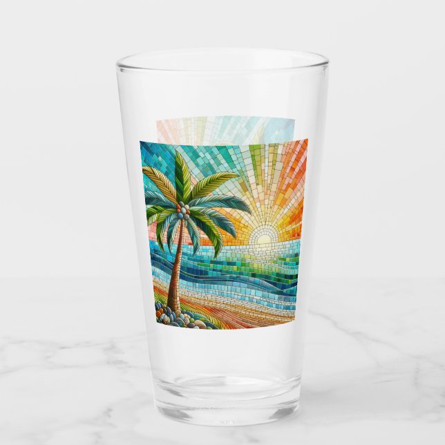 Verre Mosaic Tropical Beach Coucher de soleil Palm Tree (Devant)