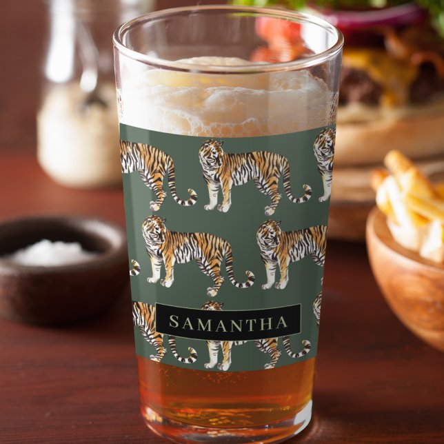 Verre Motif de Tigres à l'aquarelle verte tropicale avec (Créateur téléchargé)