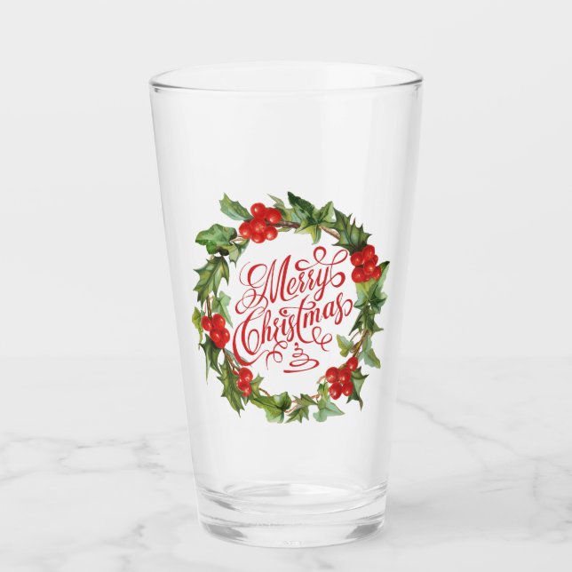 Verre Noël Red Green Wreath Holly Ivy Typographie (Devant)