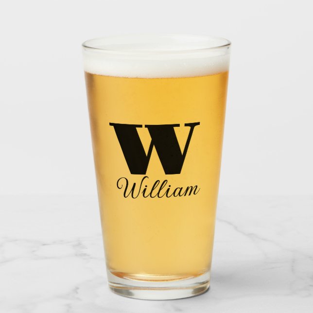 Verre Nom du monogramme Bière à script noir simple (Devant (rempli))