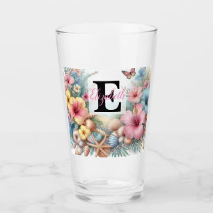 Verre Nom du monogramme sur l'aquarelle Fleurs coquillag