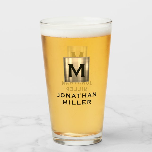 Verre Nom moderne Bière Monogramme Métal Brossé (Devant (rempli))