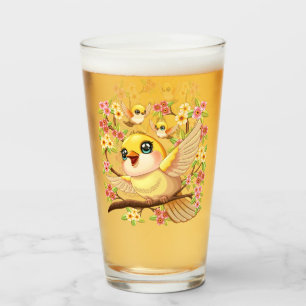 Verre Oiseaux mignons et heureux parmi les fleurs du pri