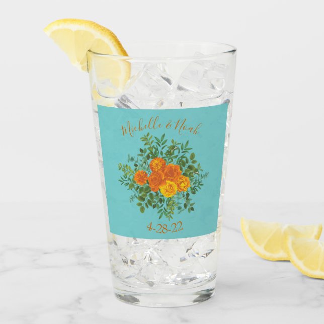 Verre Orange & Aqua Mariage Floral moderne (Devant glace)