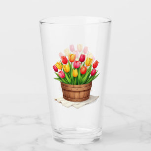Verre Panier en bois rempli de tulipes