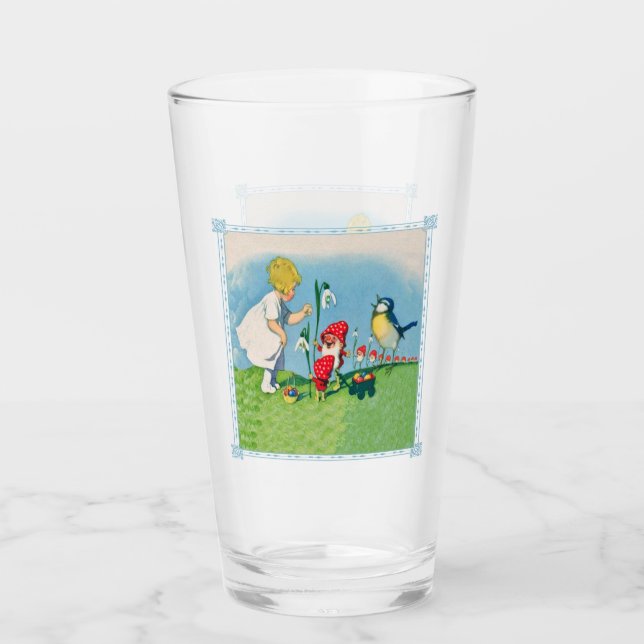 Verre Petite Fille Avec Elfes De Pâques Lily Oiseau Fleu (Devant)