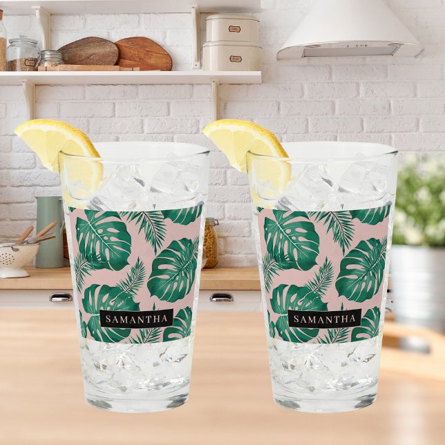 Verre Pink & Green Palm Feuille Motif & nom (Créateur téléchargé)