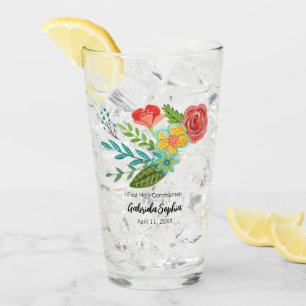 Verre Première Communion Fleurs colorées
