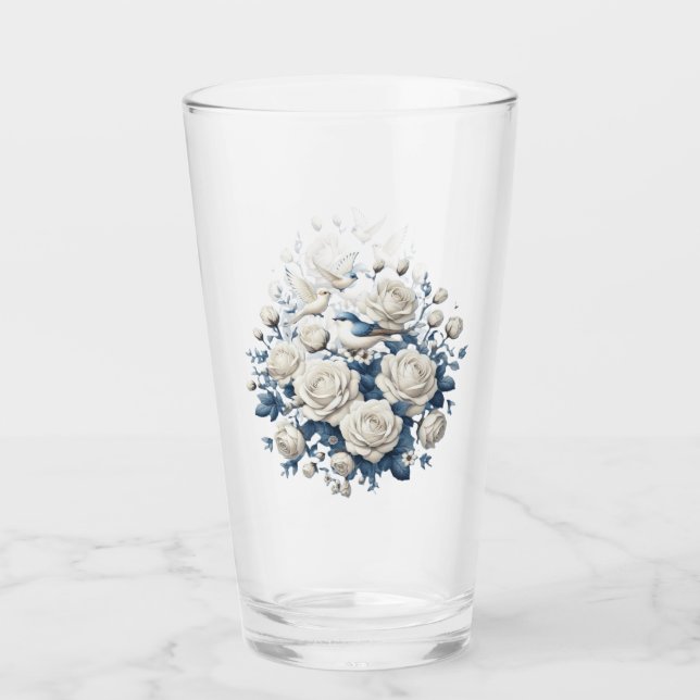 Verre Roses Blanches Et Oiseaux (Devant)