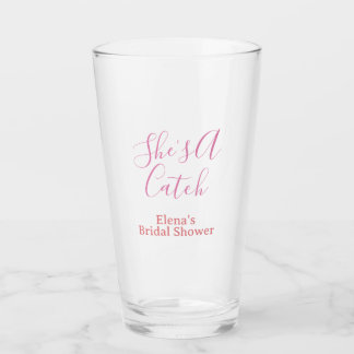 Verre she's a catch bridal shower name date pink purple 