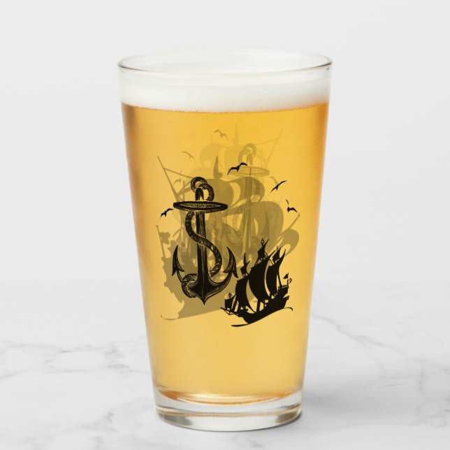Verre Silhouette noire pour navire et Ancre pirate (Devant (rempli))